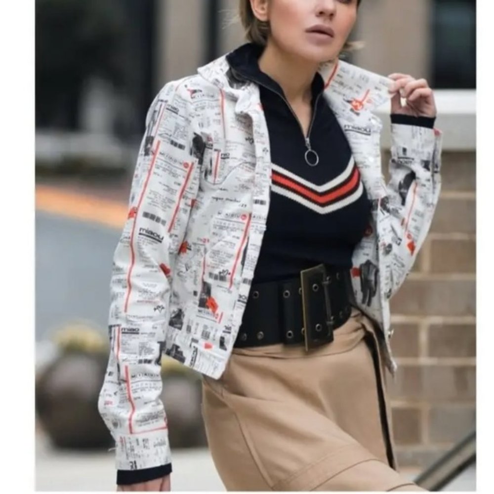 Miaou White Red Newsprint Denim cropped Jacket button front Lottery Ticket Multi